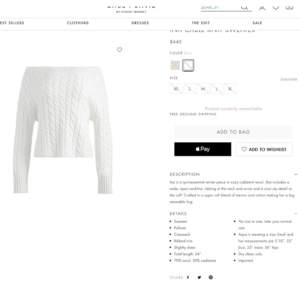 Alice + Olivia Ina Off White Wool Blend Cable Knit Pullover Sweater